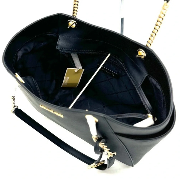 Michael Kors Jet Set Travel Large Chain Shoulder Tote Bag Black/Gold - Picture 10 of 12